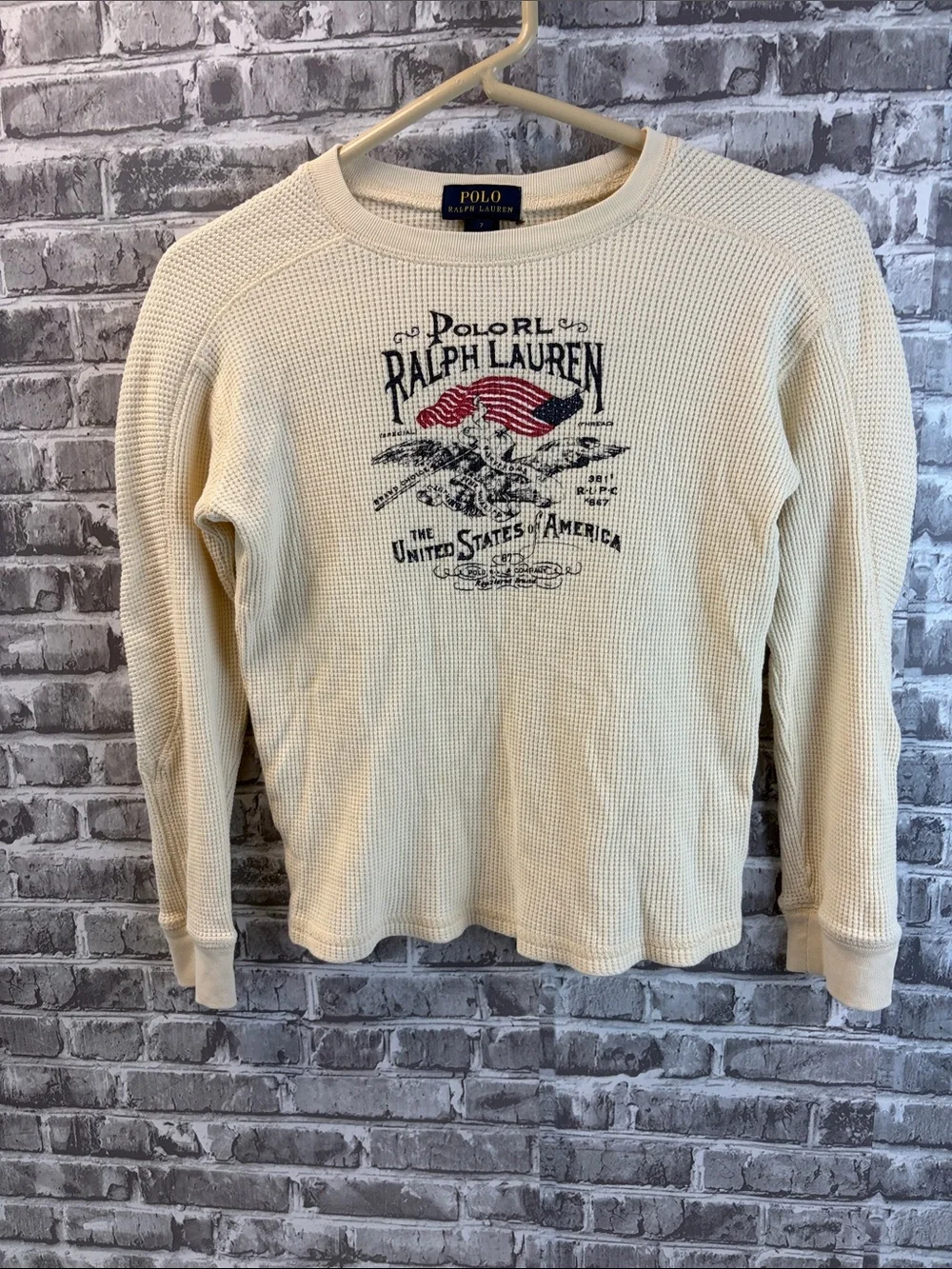 Ralph Lauren Cream Waffle-Knit Crewneck with Flag Graphic